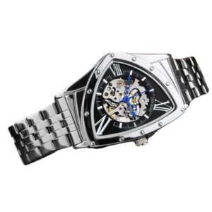Men's Automatic Mechanical Watch Skeleton Dial, Tonneau Case, Stainless Steel Band