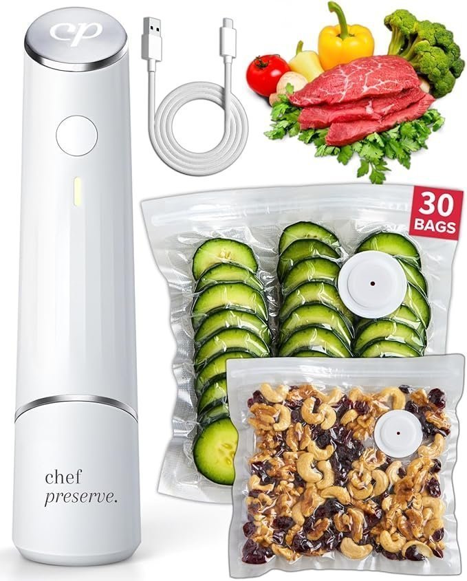 Chef Preserve Compact Vacuum Sealer for Food (Vacuum Sealer Machine + 30 Reusable Vacuum Bags) Powerful Handheld Vacuum Sealer Machine, Seal Meal Saver, Portable Food Sealer